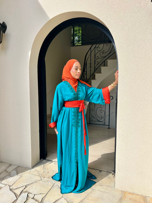 Caftan Najah bleu canard et orange