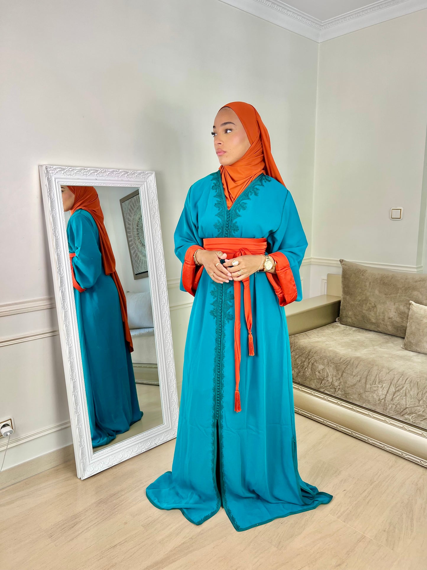 Caftan Najah bleu canard et orange